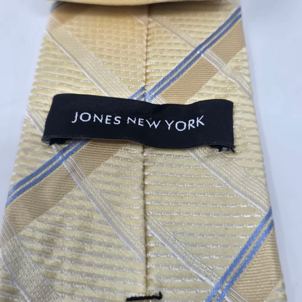 Mens Silk Necktie Yellow Plaid Check Blue Tan Textured Woven Formal Business Tie - Picture 3 of 4